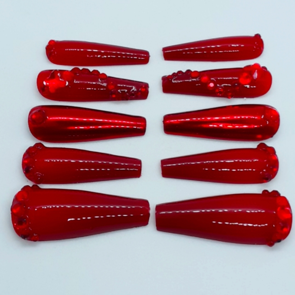 Red Chrome Rhinestones Press on Nails